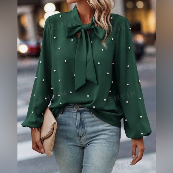 Very Elegant Pearls Beaded Tie Neck Lantern Sleeve Blouse. Size L (8/10) - Picture 5 of 5